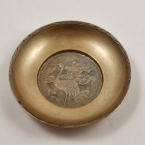 Vintage Korean Brass Decorative Plate with Crane Design 4.5"